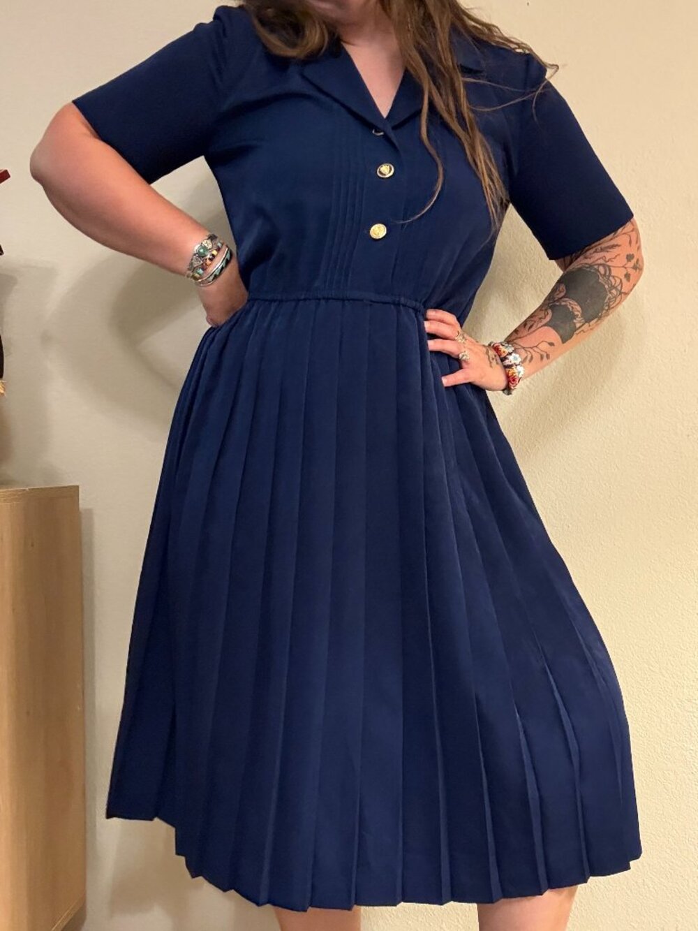 Vintage 90s Leslie Fay Navy Pleated Secretary Shirt Dress Medium Petite